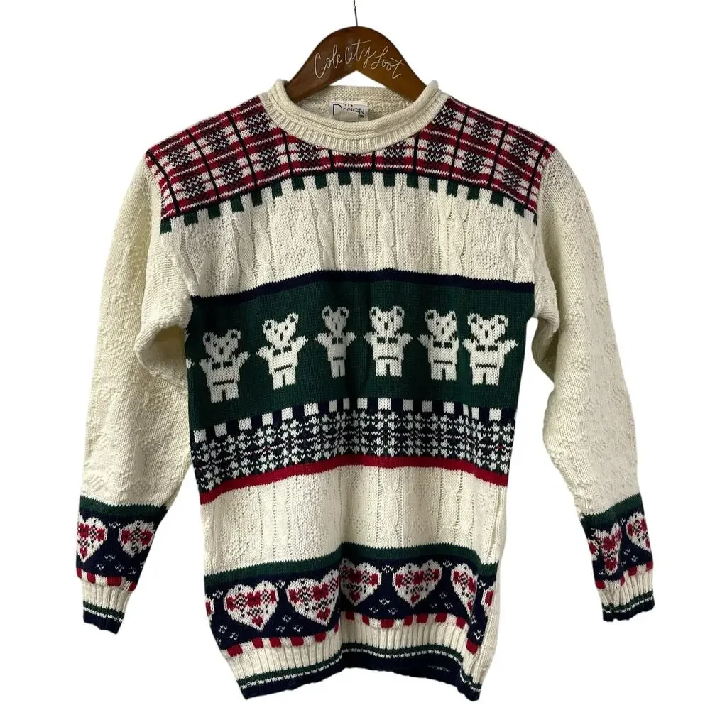 Not So Ugly Christmas Sweater Teddy Bears Intarsia Knit Vintage Youth Large